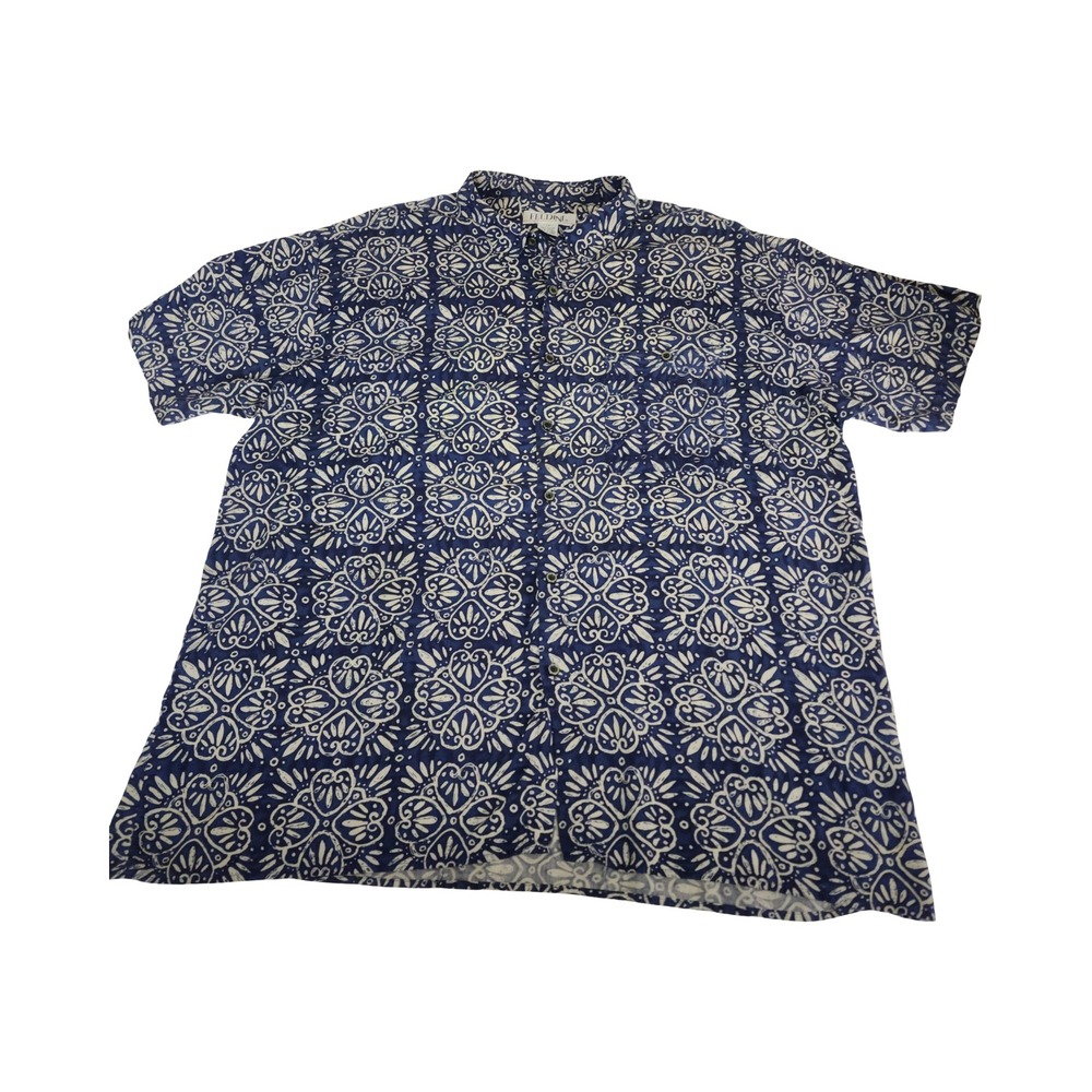 Vintage Feldini Mens 2X Blue White‎ Print Short Sleeve Button Up Shirt Rayon
